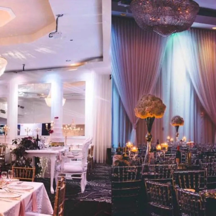 The image showcases an elegant and luxurious wedding venue by The PMG Group, categorized under Wedding Venues on Mariage Elegant, Canada. The setting features two distinct reception areas, each adorned with lavish chandeliers that cast a warm, inviting glow. On the left, tables are meticulously arranged with fine linens, glassware, and floral centerpieces, emphasizing a sophisticated ambiance. The right side presents an opulent space with draped fabric and colorful lighting, enhancing the festive atmosphere. This venue is ideal for couples seeking a refined and memorable wedding celebration.