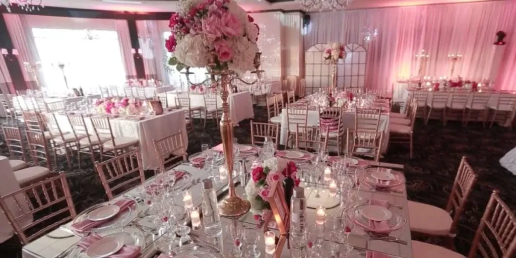 The image shows an elegant wedding venue by The PMG Group, categorized under Wedding Venues, featured on Mariage Elegant, Canada. The venue is beautifully decorated with round tables set for a formal reception. Each table is adorned with white tablecloths, pink and red floral centerpieces, and neatly arranged tableware, including plates, glasses, and candles. The room is softly lit with pink ambient lighting, creating a romantic atmosphere. Chiavari chairs surround the tables, and draped white curtains line the walls, adding to the sophisticated aesthetic. This setting exemplifies a luxurious choice for a wedding celebration.