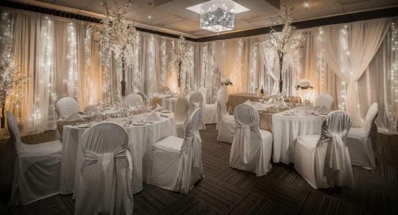 The image shows an elegantly decorated wedding venue at Hôtel Château Joliette, categorized under Wedding Venues on Mariage Elegant, Canada. The room is beautifully adorned with soft white drapery illuminated by twinkling string lights, creating a warm and romantic ambiance. Round tables are draped in pristine white tablecloths and surrounded by chairs covered with matching fabric. Each table is set with fine china, crystal glassware, and delicate floral centerpieces, emphasizing a classic and sophisticated wedding setting. A sparkling chandelier hangs from the ceiling, enhancing the overall elegance and charm of the venue.