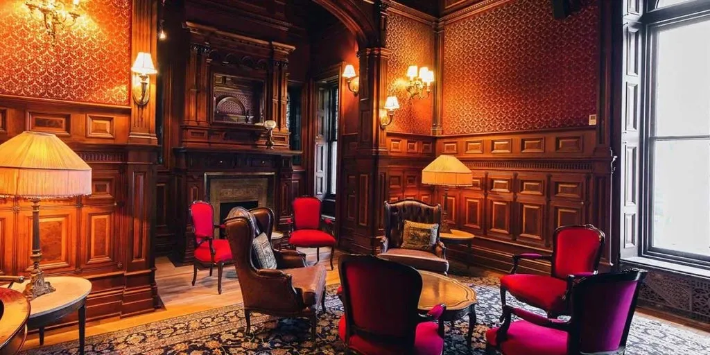 This image showcases an elegant interior of Le Mount Stephen, a premier wedding venue listed under the wedding planning and vendor category at Mariage Elegant, Canada. The room features luxurious wood paneling with intricately detailed designs, giving a vintage and sophisticated ambiance. Several plush red chairs and armchairs are arranged around small tables, offering a cozy seating area. The walls are adorned with rich wallpaper, and warm lighting from classic wall sconces enhances the intimate atmosphere. This setting at Le Mount Stephen exemplifies a perfect blend of historical charm and modern luxury, ideal for hosting stylish and memorable wedding events.