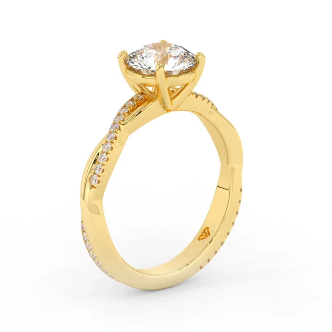 The image features a stunning gold engagement ring crafted by Bijouterie La Voûte, displayed under the wedding jewelry category. The ring showcases an elegant central diamond set in a raised prong setting, which allows the gemstone to catch maximum light for an exquisite sparkle. The band is adorned with a delicate row of smaller diamonds, adding to the overall brilliance and luxury of the piece. This exquisite ring is an ideal choice for couples seeking timeless elegance for their wedding ceremony in Canada.