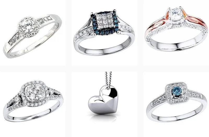 A collection of six elegant wedding jewelry pieces by Eternal Diamonds, displayed in two rows. The top row showcases three exquisite rings: the first featuring a large round diamond with a detailed band, the second displaying a square arrangement of diamonds with intricate side detailing, and the third showcasing a solitaire diamond with unique side accents. The bottom row presents a sparkling ring with a halo setting, a sleek heart-shaped pendant on a delicate chain, and a square-cut diamond ring with a vintage-inspired design. These pieces exemplify the intricate craftsmanship suitable for a wedding, making Eternal Diamonds a distinguished choice for bridal jewelry.