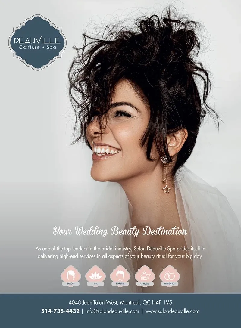 This image shows a joyful bride with a stylish updo hairstyle and soft, natural makeup, showcasing the beauty services of Salon Deauville. As a vendor in the Wedding Beauty category, Salon Deauville emphasizes high-end services for brides. The bride is smiling with closed eyes, reflecting happiness and elegance. Below the image, contact information and the phrase 'Your Wedding Beauty Destination' highlights the salon's expertise in bridal beauty. The logo for Salon Deauville—featuring 'Coiffure • Spa'—is positioned at the top left, reinforcing their specialization in wedding beauty services.