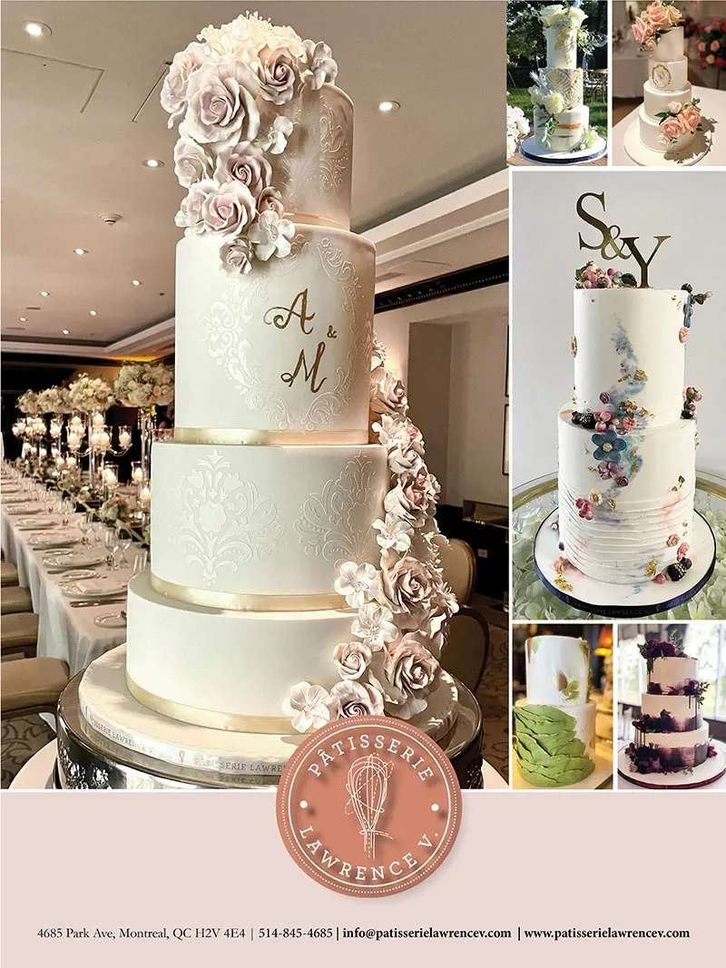 This image showcases an exquisite wedding cake created by Pâtisserie Lawrence V. The multi-tiered cake prominently features elegant floral decorations in soft pastel shades on each layer. The main cake is adorned with intricate lace-like patterns and personalized initials 'A & M,' adding a touch of sophistication. Surrounding the cake are various smaller cakes and dessert displays, each uniquely decorated with floral motifs and delicate patterns. This display exemplifies the artistry and attention to detail that Pâtisserie Lawrence V. brings to the wedding category, offering a centerpiece worthy of any elegant celebration.