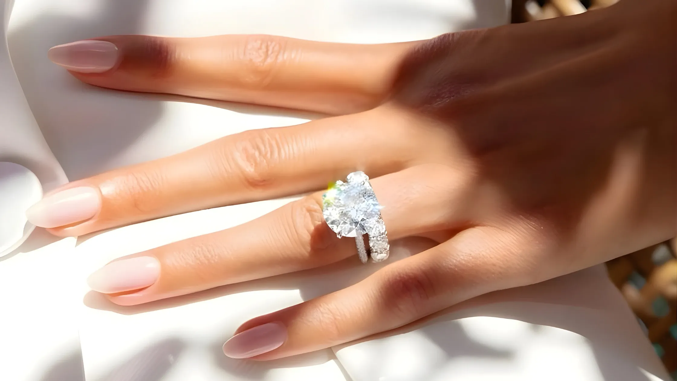 Une main délicatement posée, ornée d'une bague de fiançailles étincelante constituée d'un large diamant taillé en brillant, est mise en valeur par une lumière douce. La bague est accompagnée d'une alliance incrustée de petits diamants, ajoutant une touche d'élégance. Les ongles sont soigneusement manucurés dans une teinte rose pâle, accentuant la sophistication de l'ensemble. Cet accessoire de mariage luxueux est idéal pour les mariées recherchant des bijoux raffinés pour leur grand jour.