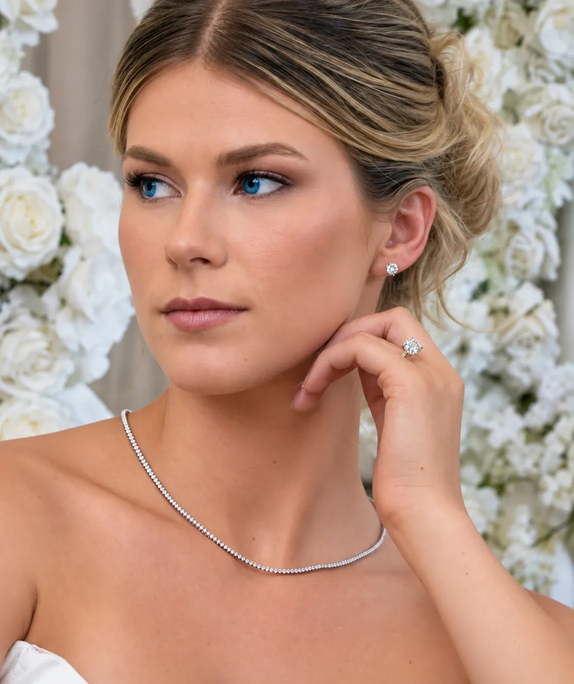 Une mariée élégante est photographiée portant des bijoux raffinés lors de son mariage. Elle arbore un collier délicat en argent, assorti à une paire de boucles d'oreilles scintillantes. À sa main gauche, une bague de fiançailles en diamant brille subtilement. Ses cheveux sont coiffés en un chignon élégant, dégageant son visage rayonnant. En arrière-plan, un magnifique mur de fleurs blanches ajoute une touche romantique et sophistiquée à la scène. Ces bijoux de mariage ajoutent une touche de glamour et de sophistication à l'ensemble du look de la mariée pour cet événement spécial au Canada.