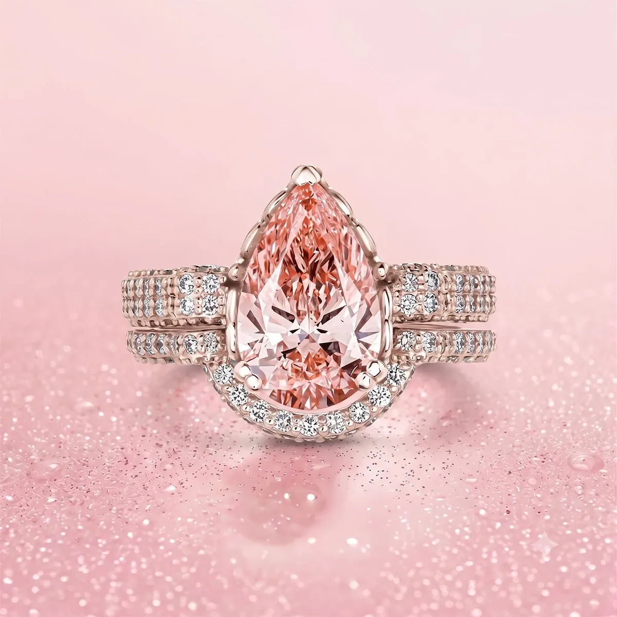 Une magnifique bague de fiançailles en or rose est présentée sur un fond rose scintillant. La bague met en valeur un grand diamant taille poire de couleur pêche, entouré d'une halo et d'une bande ornée de petits diamants étincelants. Ce bijou sophistiqué s'inscrit parfaitement dans la catégorie Bijoux de Mariage, idéale pour les couples recherchant une élégance unique pour leurs fiançailles ou mariage.