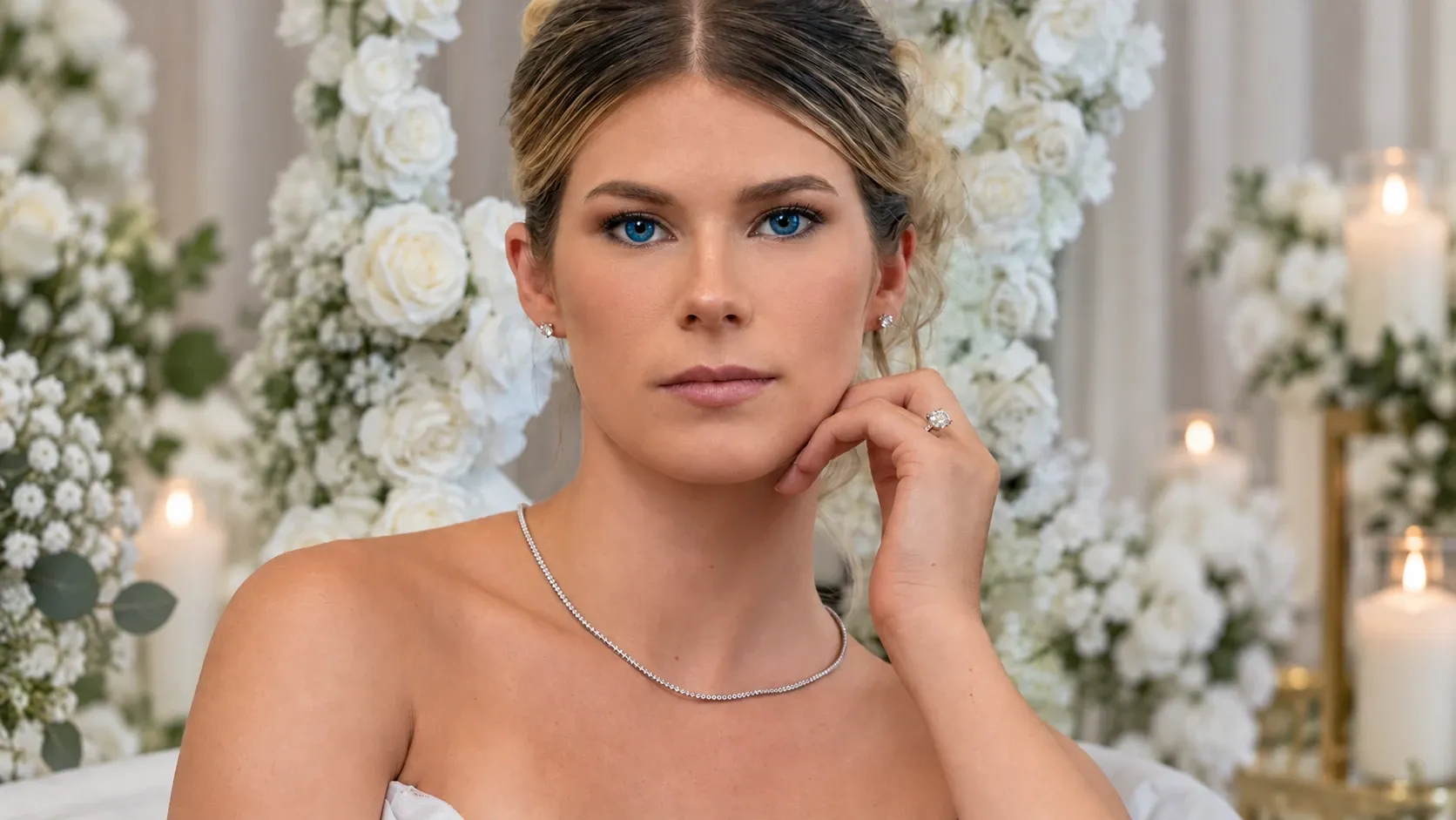 A bride in an elegant setting gazes softly into the camera, her hand gently resting on her chin. She is adorned with a delicate silver necklace and a sparkling engagement ring, both enhancing her sophisticated look. Her hair is styled in a neat updo, complementing her strapless white wedding gown. The background is beautifully decorated with lush white roses and soft candlelight, creating a romantic and serene atmosphere perfect for a wedding.