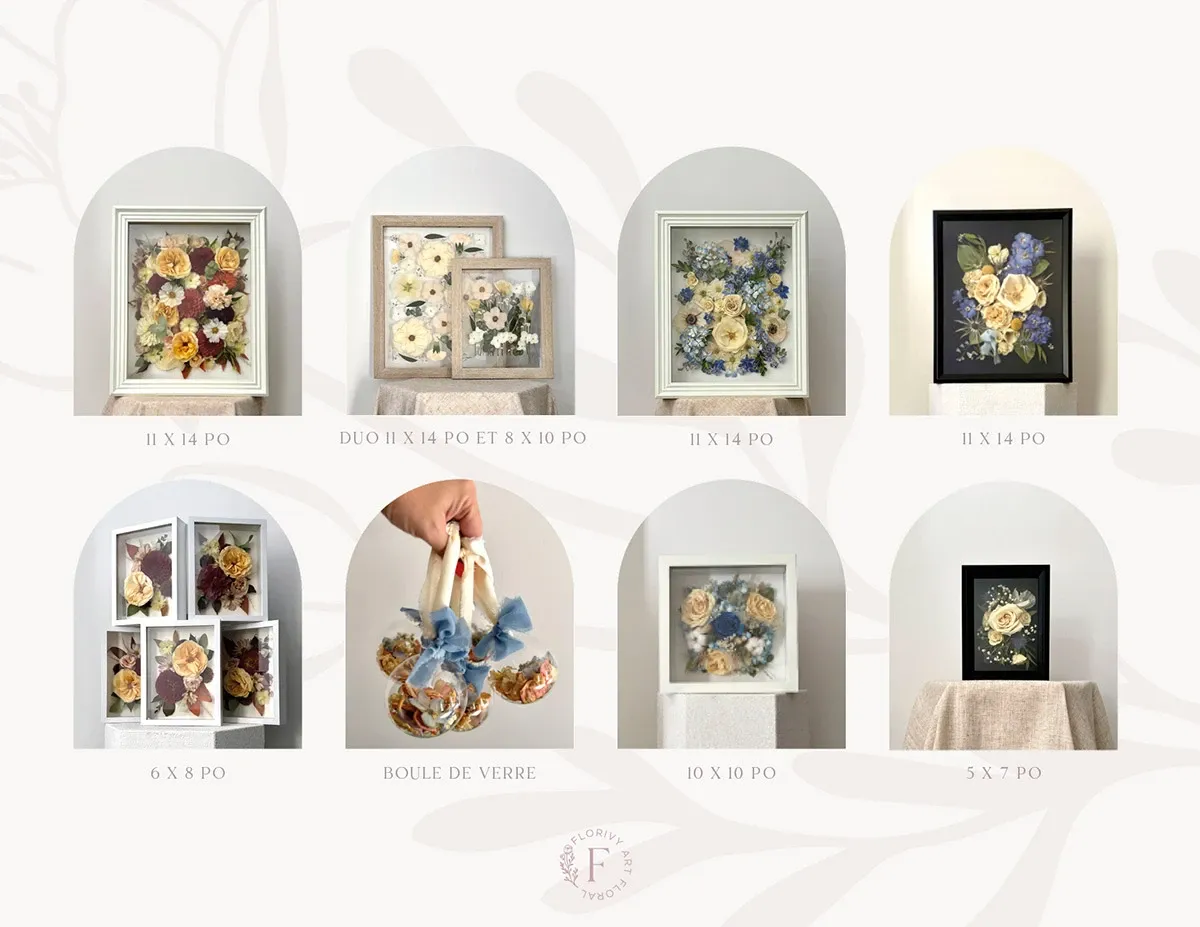 The image showcases a collection of framed floral arrangements, each containing beautifully preserved flowers with delicate colors, situated against a neutral background. The top row features five frames of varying sizes, including floral compositions in shades of ivory, cream, and blue, arranged in different artistic styles. On the bottom left, a white multi-opening frame displays an array of floral designs, creating a visually striking ensemble. To the right, a hand is holding a collection of delicate glass baubles, each encasing small floral arrangements, offering a unique and elegant touch. This image is ideal for showcasing the work of expert wedding florists, capturing the timeless beauty and elegance of preserved floral artistry, suitable for enhancing any wedding venue. The focus on pastel hues and sophisticated presentation aligns with the style of wedding planning and vendor services offered by Mariage Elegant in Canada.