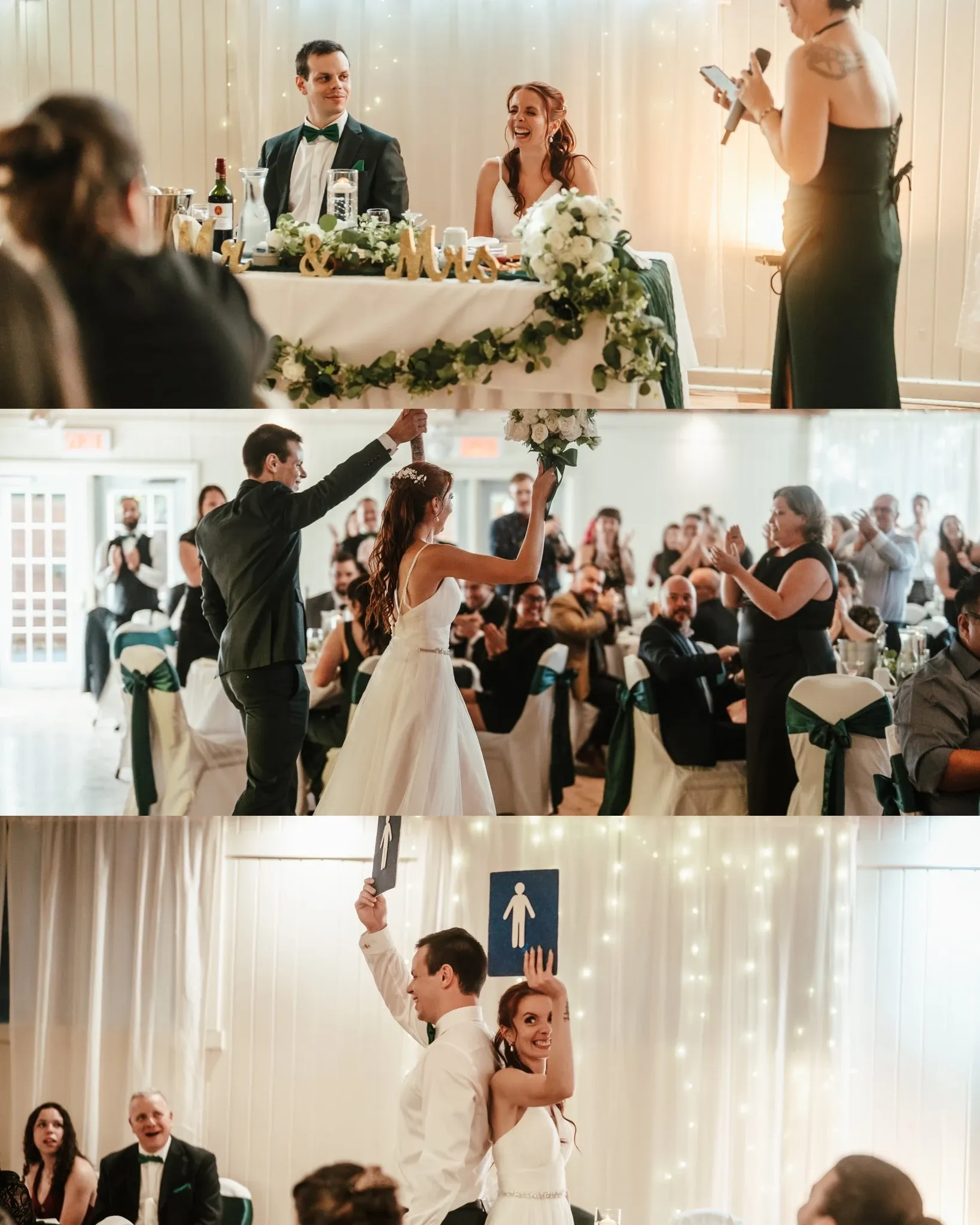 This image showcases a beautiful wedding reception captured by Les Productions A, a vendor specializing in wedding photography. The first section of the image features the bride and groom seated at a head table, elegantly decorated with greenery and white floral arrangements, as they listen to a speech. The second section captures the couple standing and joyfully holding hands, sharing a celebratory moment with guests who are seated at tables adorned with green and white decor. The final section displays the couple participating in a traditional wedding shoe game, smiling and playfully holding up shoes to respond to humorous questions. This series of images encapsulates the joyous and intimate moments of a wedding celebration, highlighting the skillful photography by Les Productions A.