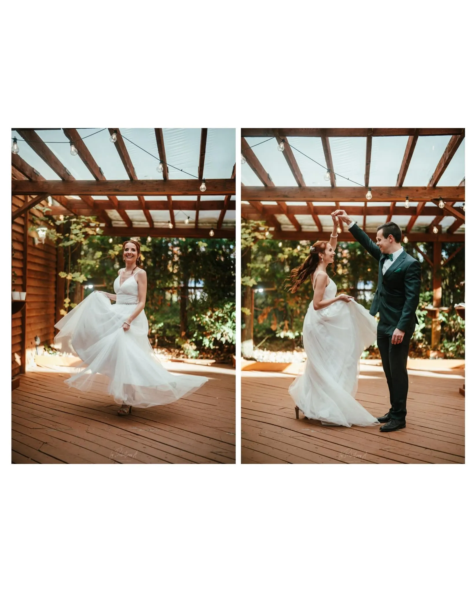 This image features a bride in a flowing white wedding gown twirling joyfully under a wooden pergola adorned with string lights. The setting appears to be an outdoor wedding venue encircled by lush greenery, enhancing the romantic ambiance. In the second frame, the bride is gracefully spinning while holding hands with the groom, who is wearing a dark suit and white shirt. The sunlight filtering through the pergola adds a natural radiance to the scene. Captured by Les Productions A, this image showcases the vendor's expertise in wedding photography, beautifully highlighting moments of joy and elegance during a couple's special day.