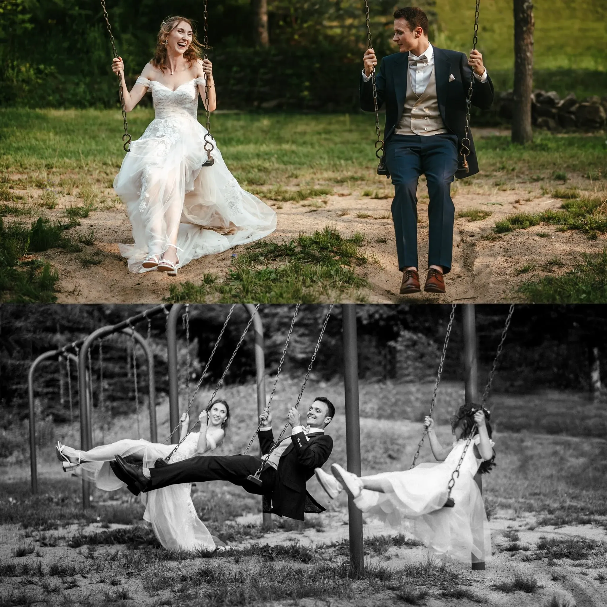 In the image for the wedding photography category from Les Productions A, two joyful couples are captured on swings. In the top half, a bride in an elegant white gown and a groom in a black suit are smiling and swinging next to each other, surrounded by lush greenery, conveying a playful and romantic atmosphere. In the bottom half, the scene shifts to black and white, showing two couples, both brides and grooms, enjoying a moment of fun together on the swings, which adds a timeless and whimsical touch to the wedding celebration. This image, featured on Mariage Elegant in Canada, highlights Les Productions A's ability to capture joyful and candid moments.