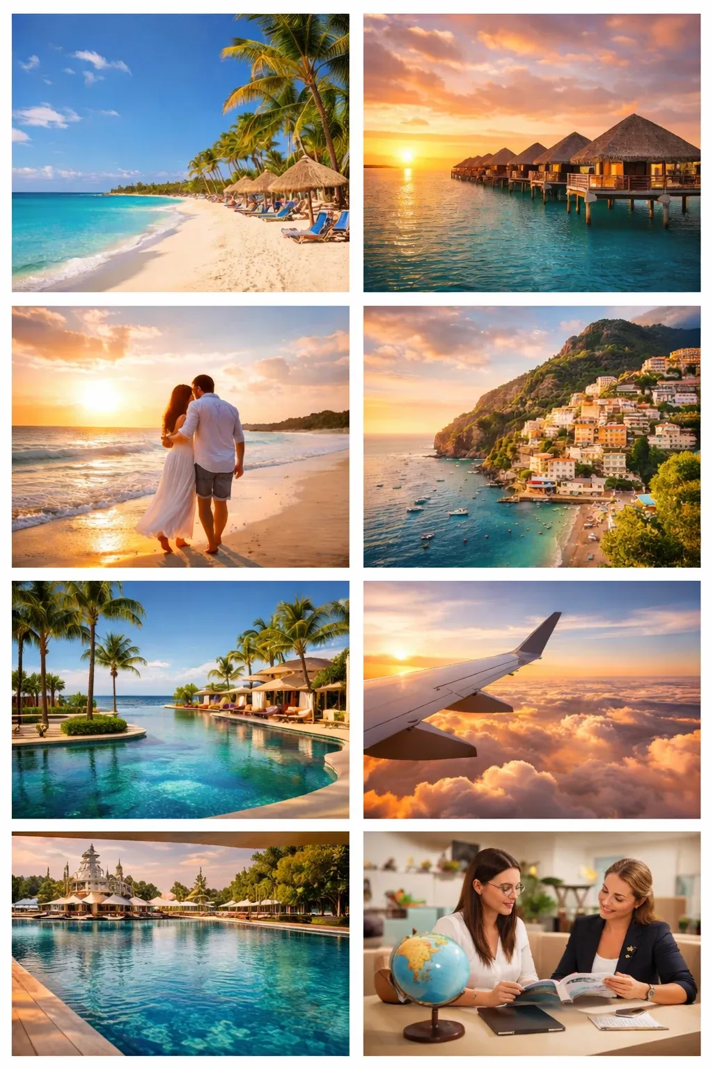 This image collage showcases various destination wedding themes provided by Voyage Club Evasion, specializing in Destination Weddings for Mariage Elegant in Canada. The top left picture features a serene beach with white sand, turquoise water, and palm trees, perfect for a tropical wedding setting. The top right image displays overwater bungalows at sunset, ideal for a romantic and exotic wedding vibe. The second row shows a couple walking hand-in-hand along a beach at sunset, and a picturesque coastal village on a cliff, both capturing intimate and scenic wedding locations. The middle left image is of a luxurious infinity pool surrounded by palm trees, suggesting a lavish wedding reception venue. The middle right photograph captures the view from an airplane window, symbolizing the adventure of a destination wedding. On the bottom left is a grand resort with traditional architecture, offering a sophisticated venue choice. Lastly, the bottom right image features two women in a travel agency setting, with a globe and brochures, emphasizing the professional planning offered by Voyage Club Evasion for flawless destination weddings.