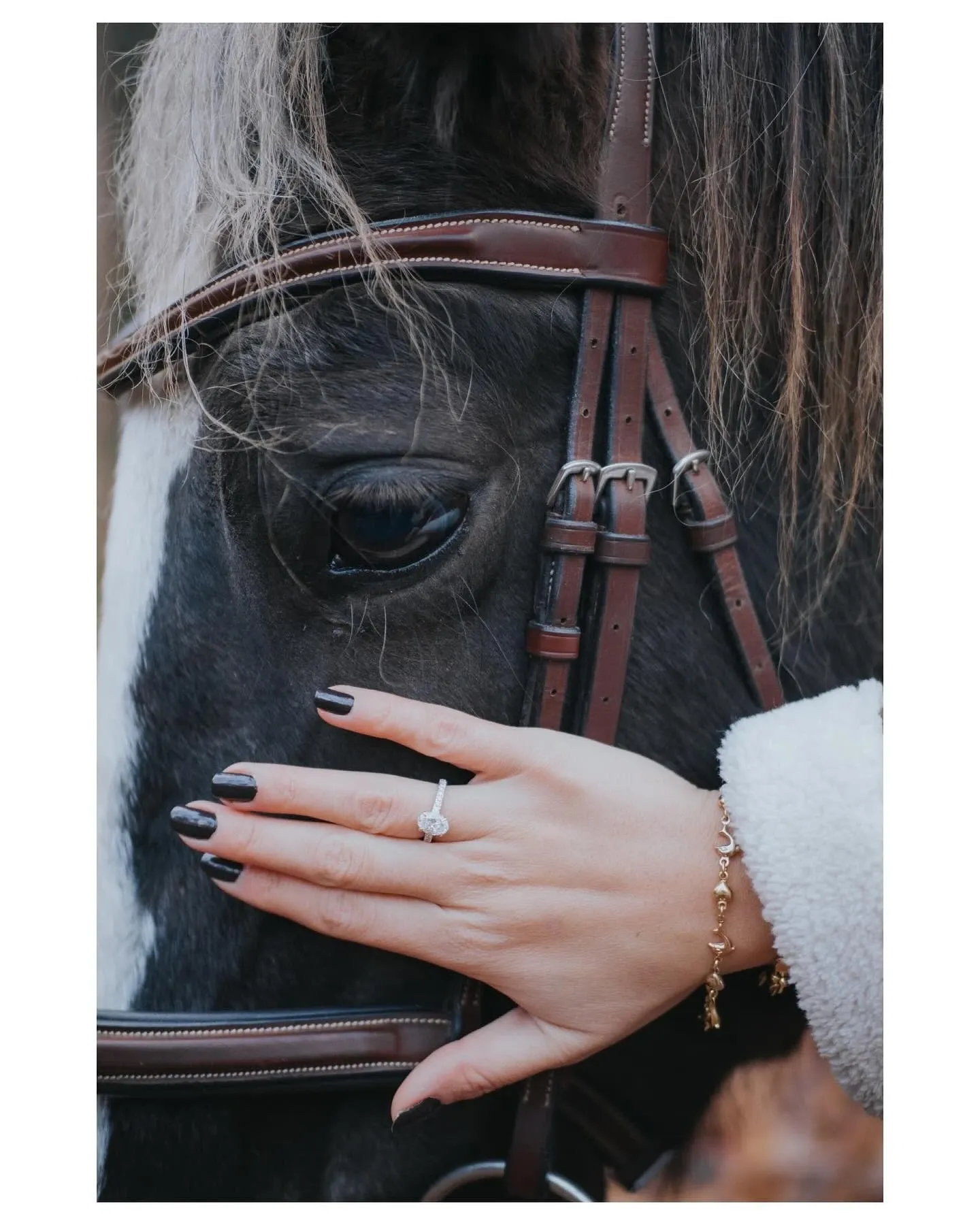 This image from Muriel Oe Photo, featured in the Wedding Photography category on Mariage Elegant, Canada, shows a close-up of a bride's hand gently touching a horse's face. The bride is wearing a white, textured garment, most likely part of her wedding attire, and an elegant bracelet adorned with charms. Her hand displays a stunning engagement ring with a prominent diamond. The horse's bridle is visible, indicating a serene outdoor or rustic wedding setting.