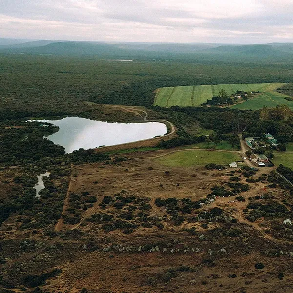 An expansive aerial view of Glen Boyd Reserve, a popular destination wedding location in Canada, showcases a picturesque landscape ideal for outdoor ceremonies. The image displays a serene lake surrounded by lush greenery, open fields, and forested areas, offering a natural and tranquil setting for weddings. This stunning scenery, characterized by rolling hills and vast open spaces, makes Glen Boyd Reserve a sought-after venue for couples seeking a blend of elegance and nature for their special day.