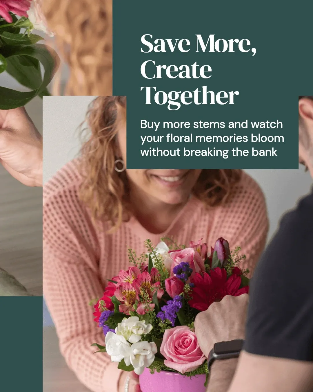 The image features a vibrant floral arrangement by Fleurs en Vrac MTL, a vendor in the Wedding Florists category. A person in a pink sweater, partially visible, holds a colorful bouquet containing red gerberas, white roses, and greenery in a bright pink pot. The background is an elegant green color with text promoting savings and creative collaboration for floral arrangements. This is part of a promotional material for Mariage Elegant, emphasizing affordable and beautiful wedding floral options in Canada.