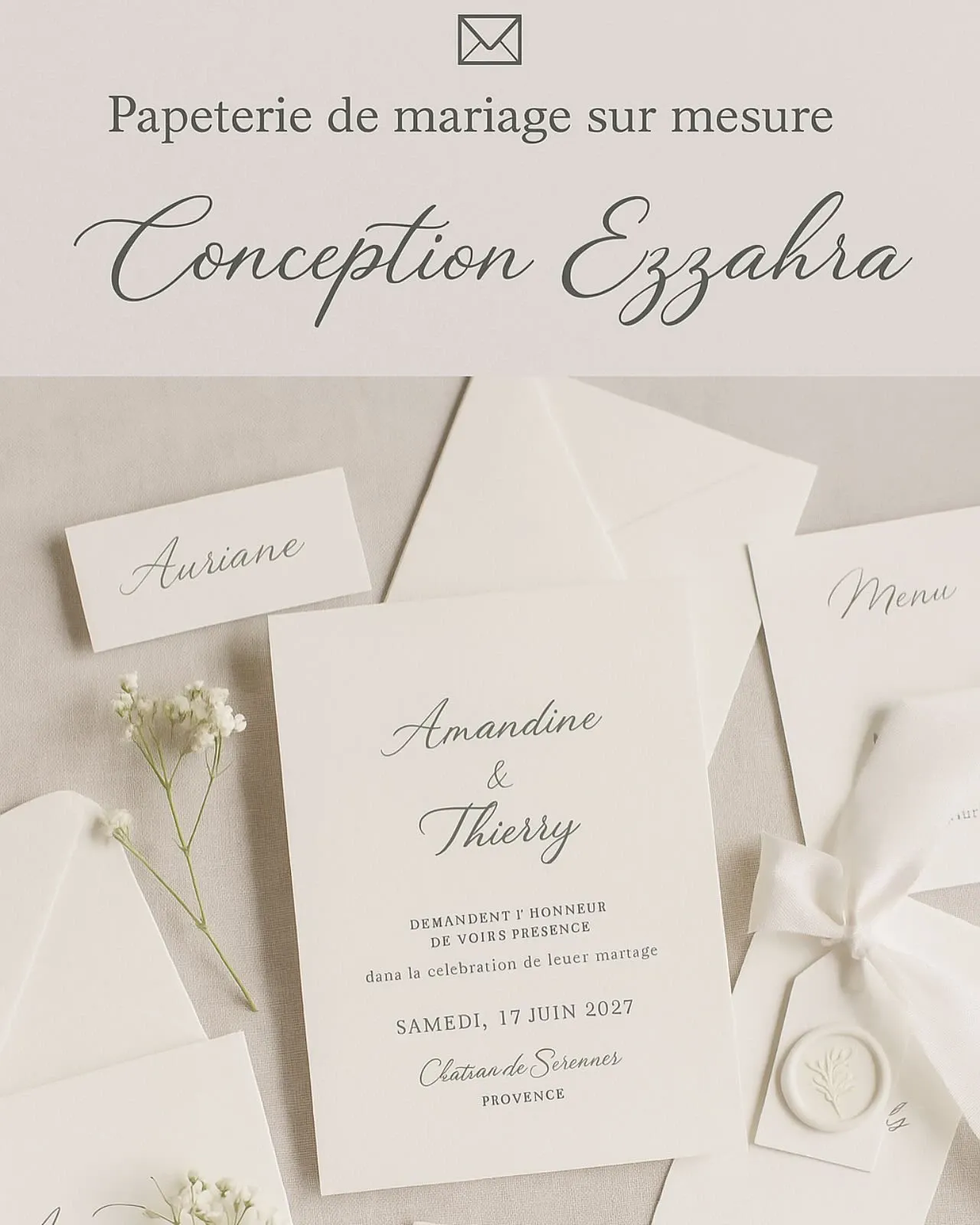 The image showcases elegant, customized wedding stationery by Conception Ezzahra, a wedding planner featured in the Mariage Elegant, Canada vendor listing. The stationery set includes a large invitation card with delicate script detailing the marriage of Amandine and Thierry, accompanied by matching envelopes. A small name card with 'Auriane' is elegantly placed next to a stem of delicate white flowers, enhancing the sophisticated aesthetic. A menu card with a minimalist design is also present, contributing to the cohesive and refined theme. The setting exudes luxury and attention to detail, highlighting the expertise of Conception Ezzahra in creating bespoke wedding experiences.