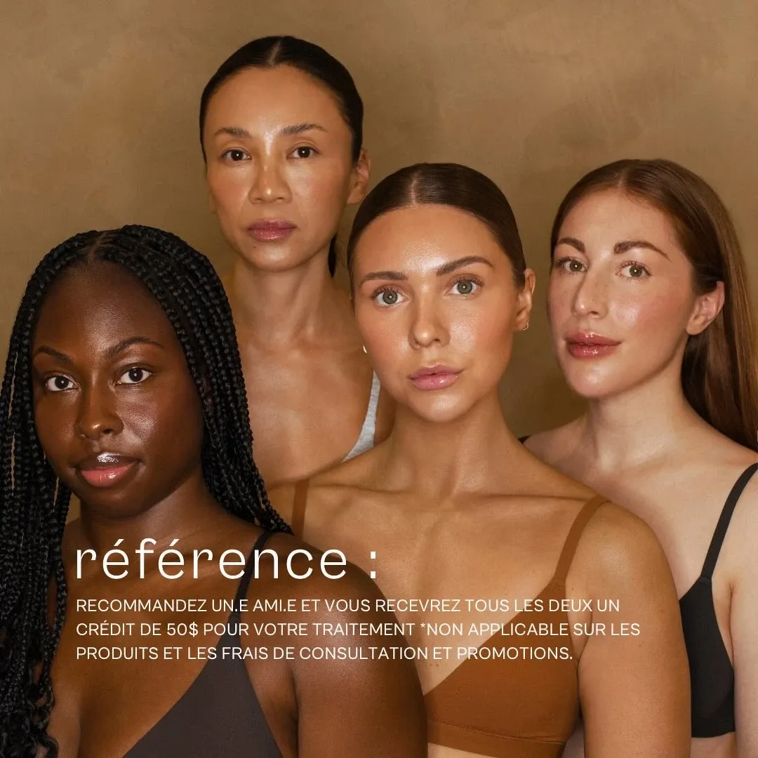 The image features four diverse women with varying skin tones, showcasing natural and elegant makeup looks, indicative of professional wedding beauty services. They stand against a warm, neutral background, promoting Clinique Âme. This vendor is listed under the Wedding Beauty category on Mariage Elegant, Canada, highlighting their expertise in enhancing bridal aesthetics. The composition suggests a focus on inclusivity and excellence, aligning with the clinic's offerings for brides and wedding parties. A text overlay provides a special referral offer, enhancing the promotional context of the image.