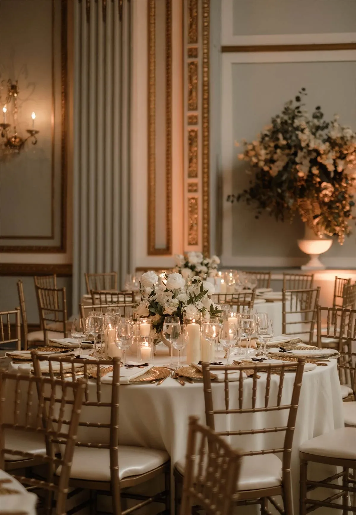 The image showcases an elegantly set wedding reception venue, coordinated by Beyond the Knot, a premier wedding planner in Canada. The room exudes sophistication, with round tables draped in white linens, adorned with intricate floral centerpieces featuring white roses and greenery. Delicate glassware and gold cutlery complement the classic, upscale decor. Warm candlelight creates an intimate atmosphere, enhanced by the luxurious gold detailing on the ornate walls and elegant chandeliers. The arrangement by Beyond the Knot illustrates their expertise in crafting memorable wedding experiences.