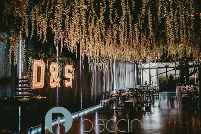 The image showcases a beautifully decorated wedding reception venue designed by Baccino Events, under the wedding planners category. The room features an elegant setup with hanging greenery cascading from the ceiling, creating a lush and enchanting atmosphere. To the left, large illuminated letters 'D & S' add a personalized touch to the decor. The tables are set up with fine dinnerware and elegant floral arrangements, reflecting a sophisticated and romantic ambiance perfect for a wedding celebration. The overall setting is warm and inviting, ideal for a memorable event.