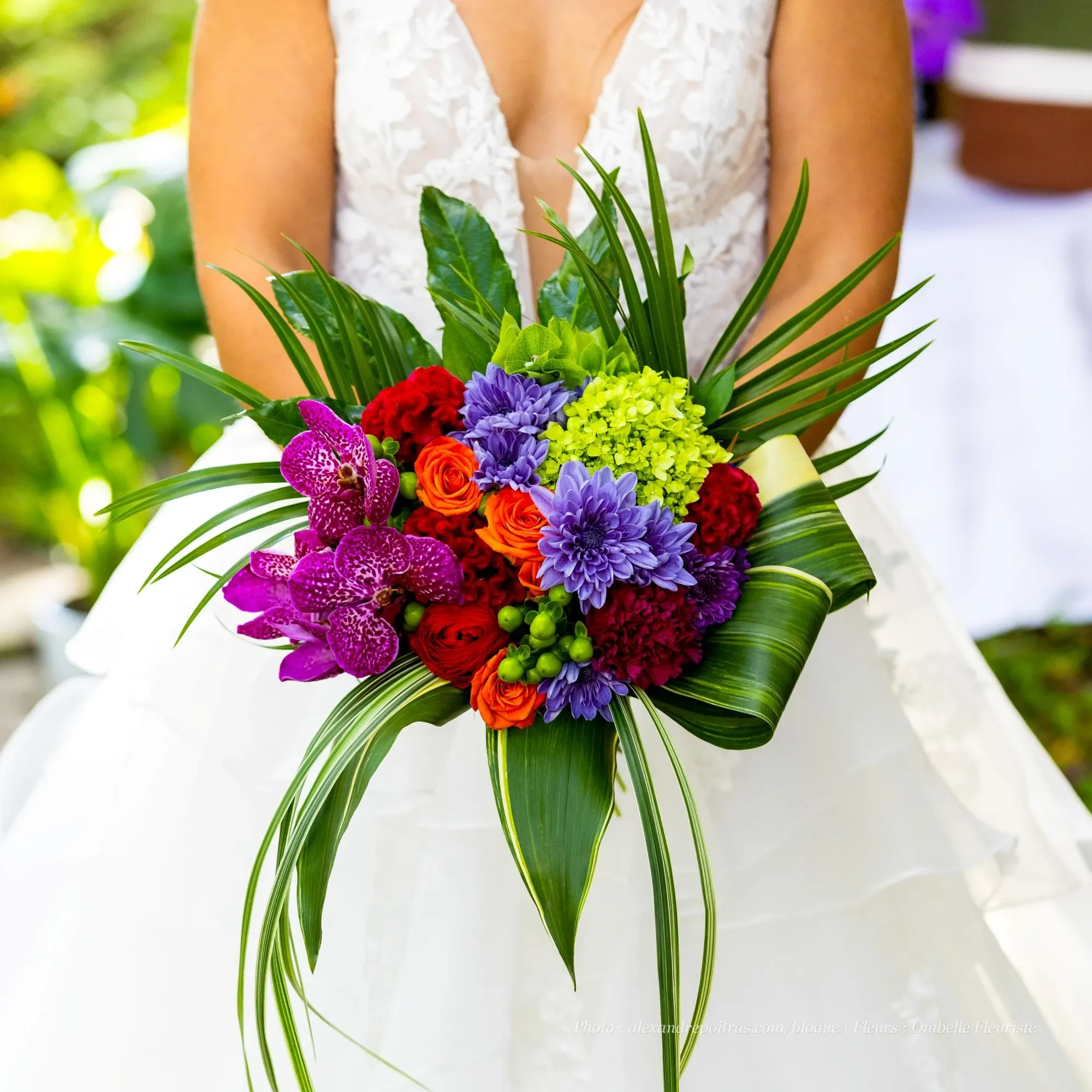 This image showcases a vibrant bridal bouquet by Ombelle Fleuriste, a wedding florist featured on Mariage Elegant, Canada. The bouquet is held by a bride in a white wedding gown. It features a striking combination of purple orchids, red and orange roses, and lush green foliage, including palm leaves. The arrangement is a stunning example of Ombelle Fleuriste's expertise in creating colorful and elegant wedding floral designs, perfect for adding a touch of natural beauty to any bridal ensemble.