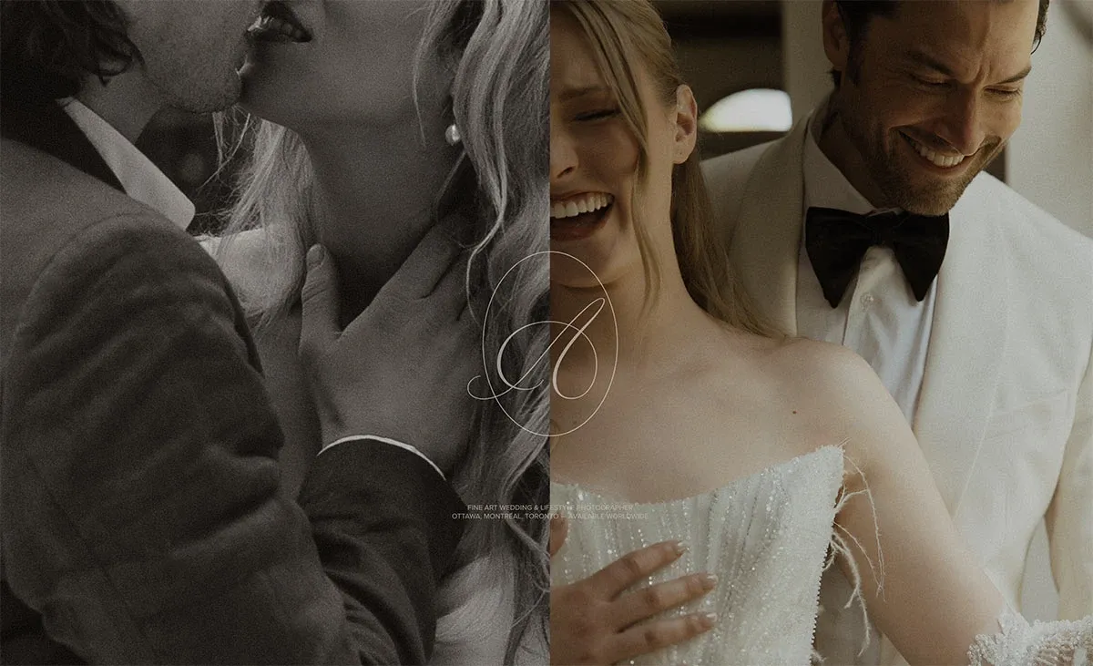 A black and white split image showcases two intimate moments captured by Acrewood, a wedding photography vendor under the Mariage Elegant platform in Canada. On the left, a close-up captures a couple embracing tenderly, highlighting the groom's gentle hand on the bride's neck. On the right, in color, the bride and groom share a joyful laugh; she is wearing a detailed, white, strapless gown, while he is in a white tuxedo with a black bow tie. The elegant 'Acrewood' logo is subtly placed at the center, emphasizing the romantic and professional essence of their photography service.