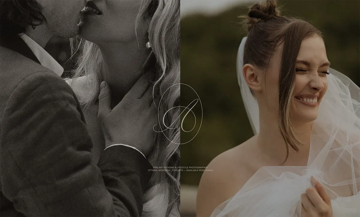 This image showcases the artistry of Acrewood, a vendor specializing in wedding photography under the Mariage Elegant platform in Canada. The left side features a sepia-toned close-up of a couple, with the groom gently holding the bride's neck as she leans in, conveying an intimate and timeless moment. The right side presents another bride, who smiles with genuine joy while gracefully holding her veil. Her hair is styled elegantly, perfectly capturing the essence of a joyful wedding day. The background is blurred, keeping the focus on her radiant expression. Acrewood's expertise in capturing both candid and emotional moments is evident in this composition.