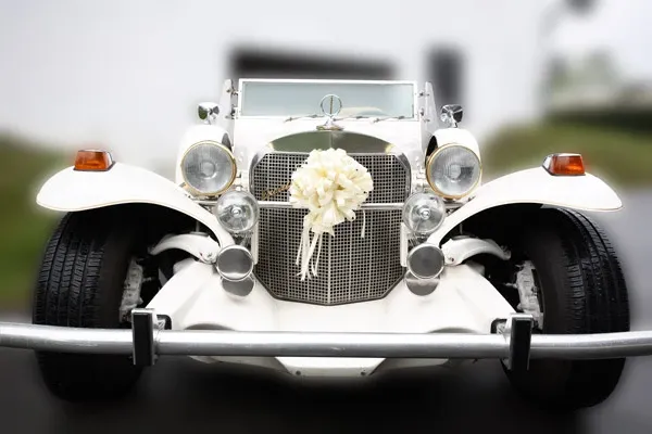 This image features a vintage white limousine provided by Ambiance Limousines, ideal for a wedding setting. The classic car is elegantly adorned with a large, decorative white bow on the front grille, enhancing its sophisticated appearance. The vehicle's polished chrome elements and round headlights add to its timeless charm, making it a perfect choice for couples seeking a stylish and memorable transportation option on their special day. The blurred background suggests a serene outdoor environment, aligning seamlessly with wedding festivities. This image highlights the luxurious and chic transportation services offered in the Wedding Limousine category by Ambiance Limousines.