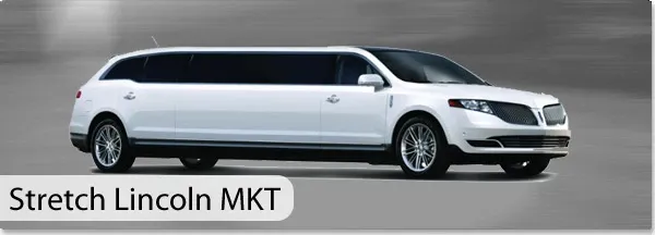 The image showcases a sleek, white Stretch Lincoln MKT limousine, which is part of the CM Limo fleet under the Wedding Limousine category on the Mariage Elegant website in Canada. The limousine features tinted windows for privacy, shiny chrome wheels, and a streamlined design, embodying luxury and sophistication suitable for wedding ceremonies.