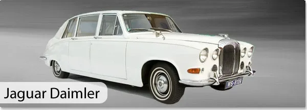 A vintage white Jaguar Daimler limousine is showcased against a neutral gray background, featuring classic styling with four doors and chrome accents. This elegant vehicle, provided by CM Limo, is categorized under Wedding Limousine services, ideal for making a grand entrance or departure on your special day. The timeless design and luxurious appearance make it a perfect choice for couples seeking sophistication and style for their Canadian wedding celebration.