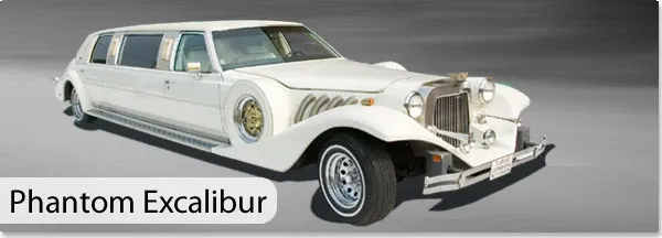 The image features a white Phantom Excalibur limousine, showcasing its classic and luxurious design with elongated bodywork and distinctive vintage details. This elegant vehicle, offered by CM Limo, is categorized under Wedding Limousine services. The limo's ornate front grille and gold-accented wheels enhance its sophisticated appearance, making it an ideal choice for upscale wedding transportation. Set against a neutral background, this image is perfect for showcasing premium wedding transportation options on the Mariage Elegant vendor listing site in Canada.