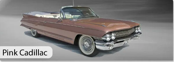 A vintage pink Cadillac convertible showcased by CM Limo in the wedding limousine category for Mariage Elegant, Canada. The car features a sleek design with chrome accents, wide whitewall tires, and a soft leather interior, perfect for adding a touch of classic elegance to any wedding celebration.