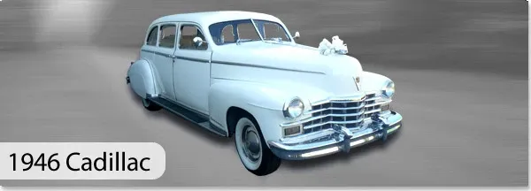 The image features a vintage white 1946 Cadillac limousine provided by CM Limo, categorized under Wedding Limousines, ideal for enhancing a classic and elegant wedding experience. The limousine is beautifully maintained, showcasing its polished exterior and timeless design. A delicate floral arrangement decorates the hood, adding a romantic touch suitable for a wedding celebration. The setting emphasizes the elegance and sophistication that CM Limo offers for wedding transportation in Canada.