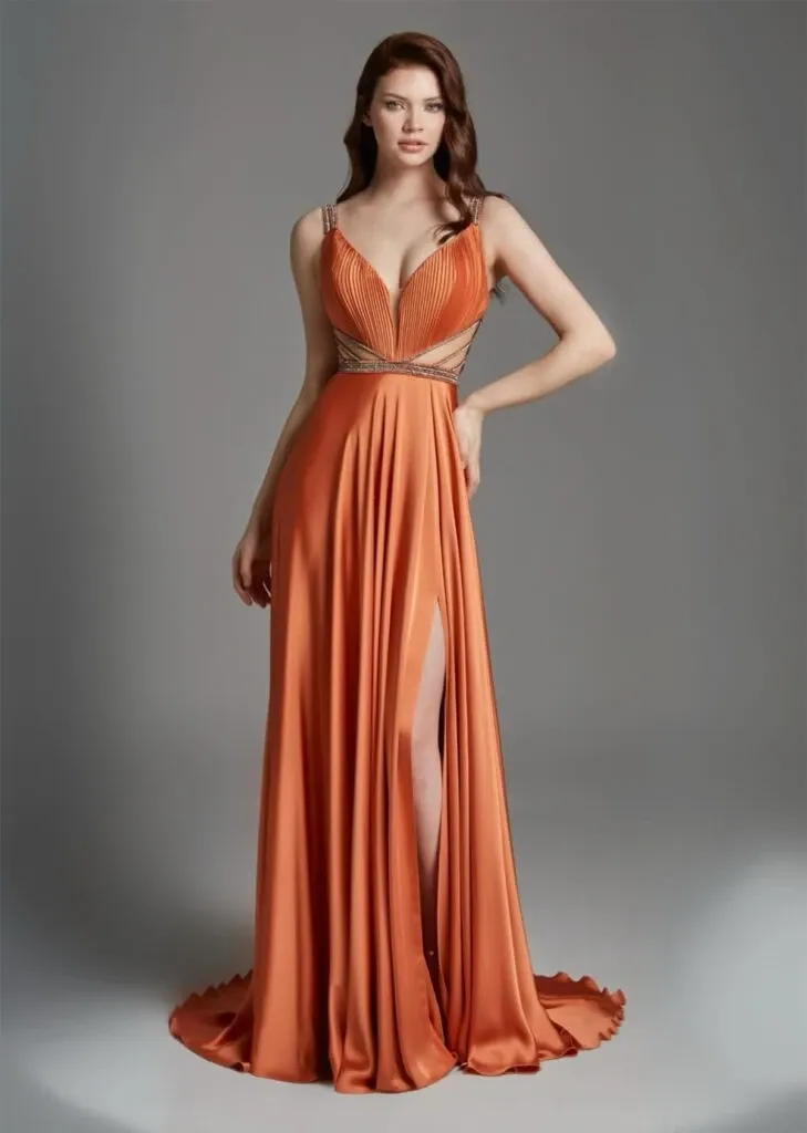The image features a striking formal gown in a rich, deep orange hue, with a floor-length flowing skirt and a high slit on one side. This elegant dress is designed with a plunging neckline and delicate strap details, complemented by intricate pleating on the bodice. The model poses gracefully against a plain, neutral background, highlighting the sophisticated style suitable for wedding events. Although categorized under wedding tuxedos, this image showcases the exquisite craftsmanship associated with Maison Mitri, a vendor listed on Mariage Elegant, Canada, known for their exceptional formal wear.