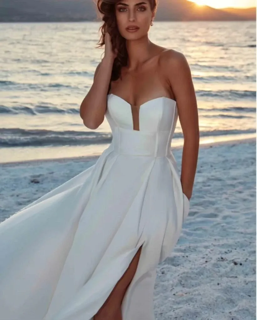 A bride stands on a sandy beach at sunset, wearing an elegant wedding gown from La Jolie Robe, a featured vendor in the Wedding Dress category on Mariage Elegant, Canada. The gown is a strapless design with a deep V-neckline and a flowing skirt that features a high slit, adding a touch of modern sophistication. The background features a serene ocean view, with the sun setting on the horizon, casting a warm glow over the scene. The bride’s hair is styled in loose waves, complementing the romantic and elegant ambiance of the beach setting.
