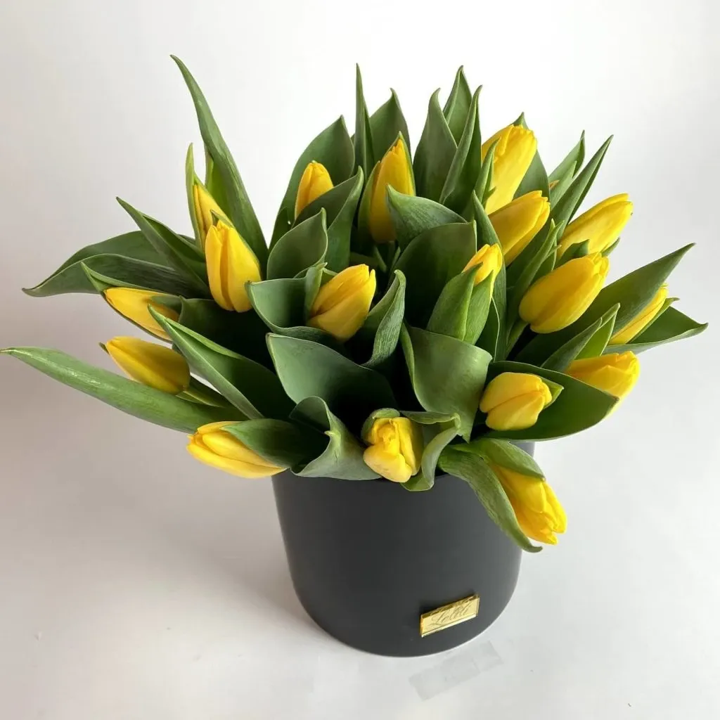 The image features a vibrant arrangement of yellow tulips presented by Lelili Fleurs, a wedding florist in Canada, as part of their floral offerings for weddings. The tulips are elegantly arranged in a sleek, dark vase, which bears a small label with Lelili Fleurs' branding. The bright green leaves complement the yellow blooms, making it an ideal centerpiece for wedding decor. The overall presentation reflects a modern and sophisticated floral design suitable for elegant wedding celebrations.