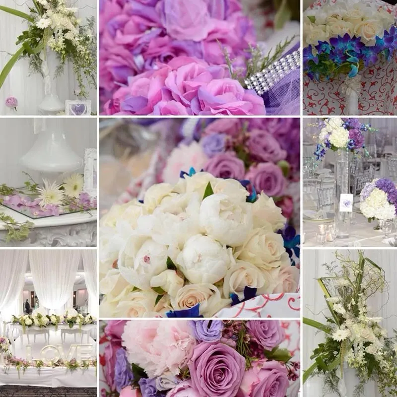 This image showcases an exquisite selection of floral arrangements by La Vie Fleurie, categorized under Wedding Florists at Mariage Elegant, Canada. The collage features an array of beautifully designed wedding centerpieces and bouquets. Vibrant pink and purple roses are prominently highlighted, accompanied by elegant white peonies and delicate lilac flowers. One section displays a stunning bridal bouquet adorned with a crystal band. The arrangements also include lush greenery and cascading white blooms, set against an elegant wedding backdrop. These meticulously crafted floral designs emphasize romantic and sophisticated themes, perfect for a wedding setting.