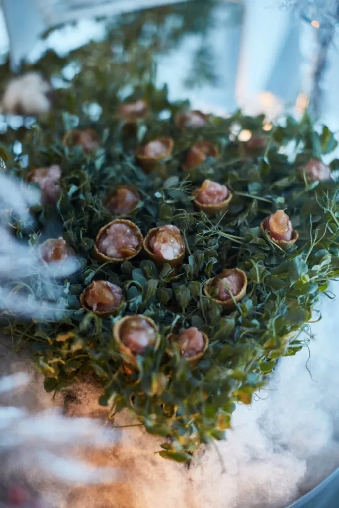 In this image, there is an elegant display of bite-sized hors d'oeuvres, artfully arranged on a bed of fresh greens. The setting suggests a sophisticated and high-end ambiance, potentially part of a wedding venue setup at Plaza Du Parc, a featured vendor in the Wedding Venues category on Mariage Elegant, Canada. The table setting in the background is softly blurred, adding to the overall upscale aesthetic, which aligns with the luxurious theme often sought after in wedding planning.