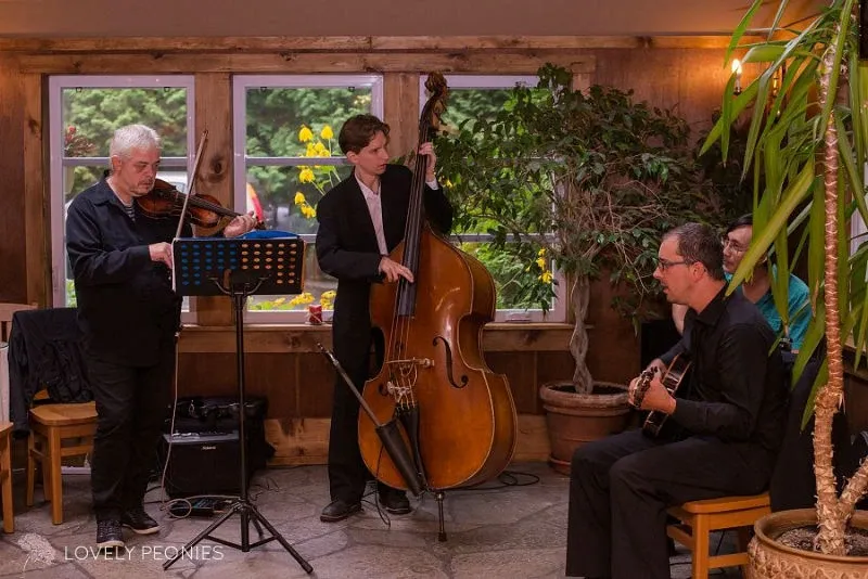 This image showcases a cozy indoor setting at Manoir Grant, a wedding venue, featuring three musicians performing live. On the left, a violinist is intensely engaged with his instrument, while the musician in the center skillfully plays a double bass. Seated on the right, another musician strums an acoustic guitar. The room is warmly lit, adorned with large potted plants and wooden elements, creating an inviting and intimate atmosphere perfect for wedding celebrations. The window in the background reveals a glimpse of lush greenery, adding to the venue's charm.