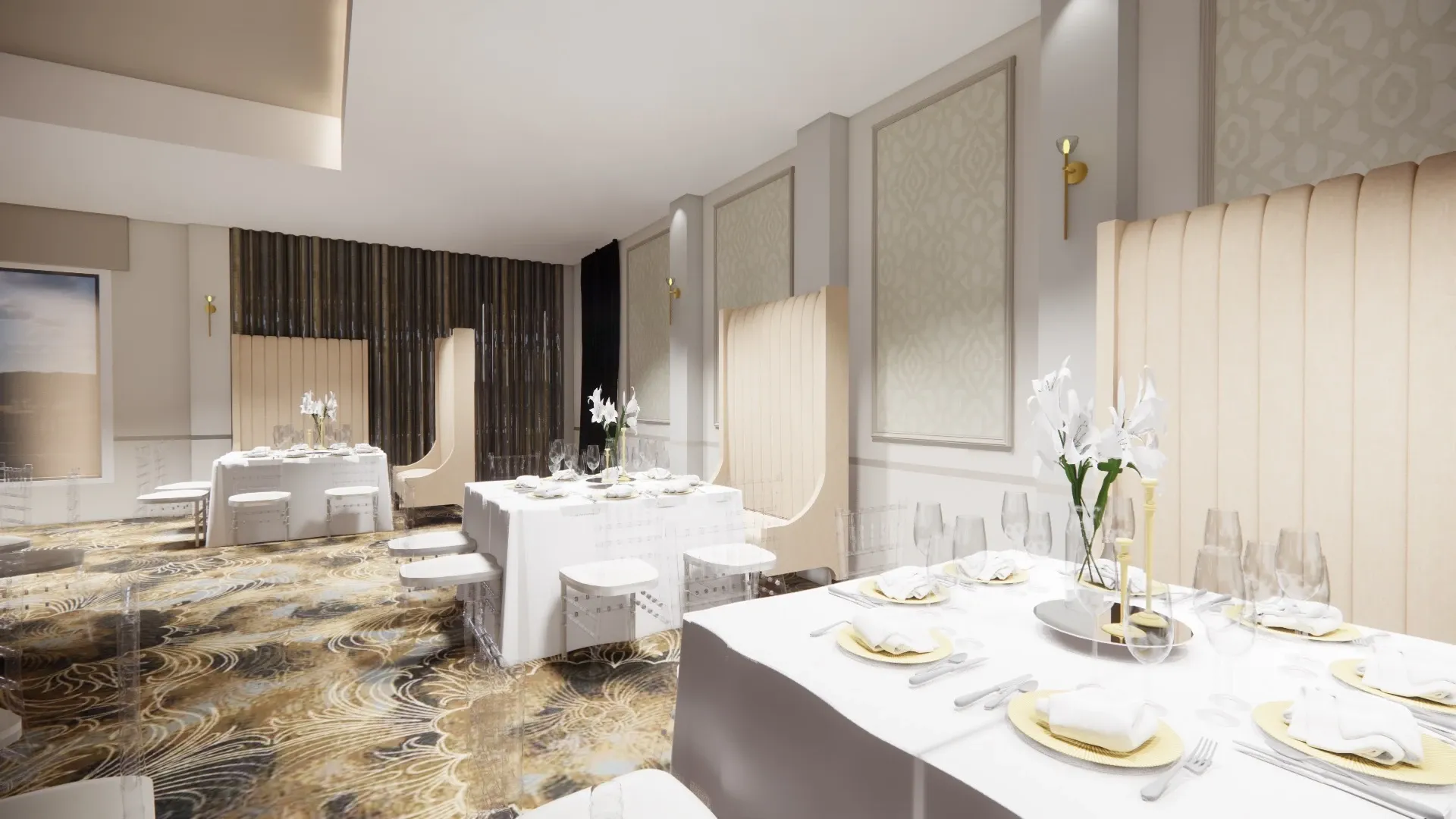 The image showcases an elegant wedding venue, Le Châteaubriand, part of the wedding venues category on Mariage Elegant, Canada. The setting features a sophisticated dining area with several round tables adorned with white tablecloths and neatly arranged place settings, including white plates, folded napkins, and silver cutlery. Elegant floral centerpieces with white flowers add a touch of sophistication to each table. The venue is decorated with soft, neutral tones, and the walls have tasteful paneling and subtle lighting fixtures, creating a serene and inviting atmosphere suitable for weddings. The carpet displays an intricate, stylish pattern that complements the overall decor, enhancing the luxurious feel of the space.