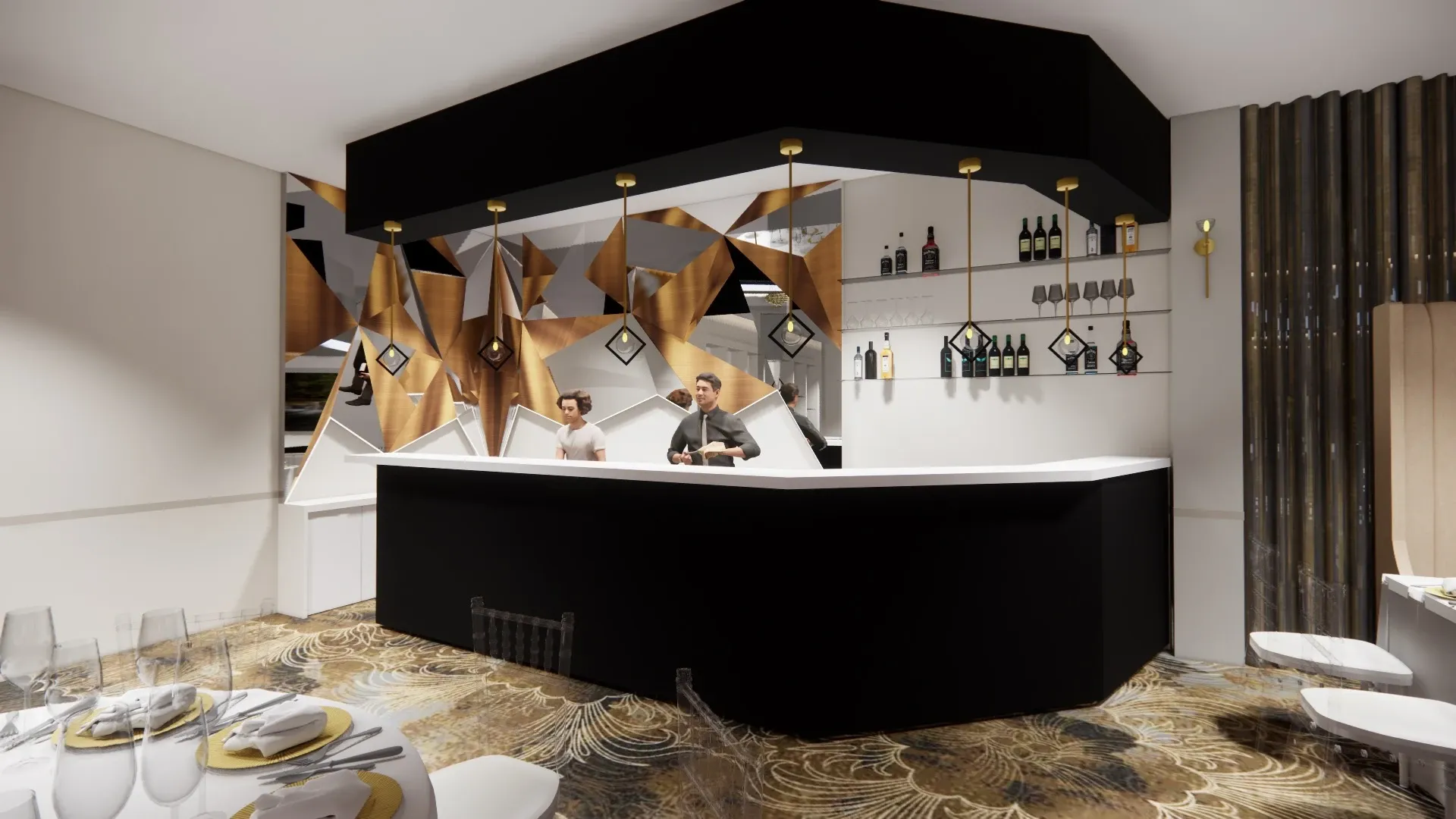 The image showcases an upscale indoor bar area at Le Châteaubriand, a distinguished wedding venue listed under Mariage Elegant, Canada. Two bartenders stand behind a modern, sleek black and white bar counter, ready to serve guests. The bar features a striking geometric design with gold and white accents, complementing the luxurious decor. Behind the bartenders, shelves are stocked with an array of wines and spirits, adding a sophisticated touch. The foreground reveals elegantly set dining tables with white plates, wine glasses, and tasteful centerpieces, enhancing the venue's refined ambiance.