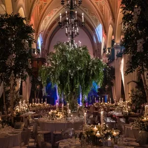 The image showcases a beautifully decorated wedding reception venue captured by Inhouse Studios Photography, specializing in wedding photography. The elegant setting features grand arched ceilings adorned with intricate designs. A striking central piece is a towering arrangement of lush greenery, complemented by ambient candlelight on the tables below. The tables are set with fine china and crystal glassware, surrounded by clear chairs, creating a sophisticated atmosphere. The overall scene exudes a romantic and luxurious vibe, ideal for an unforgettable wedding celebration.