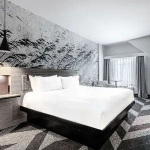 Chambre moderne et élégante au Doubletree par Hilton Québec Resort, une salle de réception idéale pour les mariages. Le décor présente un mur d'accent artistique avec des motifs abstraits en noir et blanc, un grand lit avec des draps blancs impeccables et des lampes suspendues au-dessus des tables de chevet. Un tapis contemporain aux motifs géométriques couvre le sol, et une grande fenêtre laisse entrer la lumière naturelle. Cet espace offre une ambiance raffinée et paisible, adaptée aux invités de mariage ou aux jeunes mariés.
