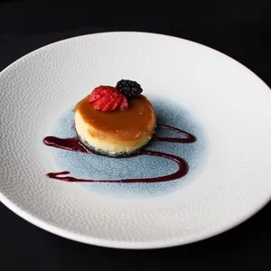 Petit gâteau élégant servi au Doubletree par Hilton Québec Resort, une salle de réception idéale pour les mariages, présenté sur une assiette blanche texturée. Le gâteau est garni de coulis de fruits rouges disposé artistiquement autour et décoré avec des framboises et une mûre au sommet, créant un visuel attrayant qui souligne le raffinement et la sophistication de l'établissement.