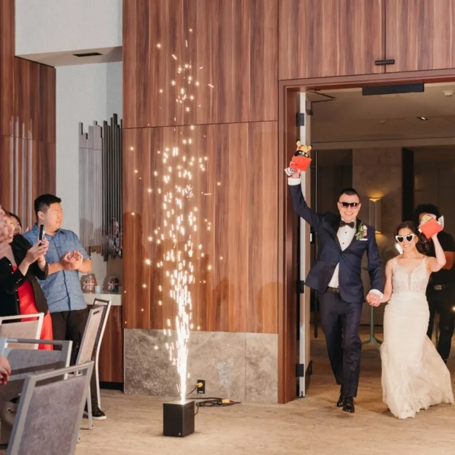 Les mariés entrent dans une salle de réception élégante, main dans la main, sous des étincelles crépitantes créant une atmosphère festive. Portant des lunettes de soleil, le marié brandit une peluche tout en souriant, soulignant une ambiance joyeuse et décontractée. Les invités, debout et applaudissant, entourent l