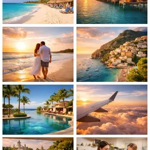 Cet ensemble d'images pour Mariage Elegant, Canada, présente Voyage Club Evasion, spécialisé dans les mariages à destination. Les images capturent la beauté et la romance de lieux exotiques idéaux pour des cérémonies de mariage. On y voit une plage de sable bordée de palmiers, des bungalows sur pilotis au coucher de soleil, et un couple marchant main dans la main le long du rivage. Il y a aussi une vue pittoresque d'un village côtier coloré, une luxueuse piscine entourée de verdure, et la perspective aérienne d'un avion en vol, symbolisant le voyage. Enfin, deux femmes discutent de plans de mariage avec un globe, soulignant l'aspect personnalisé des services de Voyage Club Evasion pour créer le mariage de rêve à l'étranger.