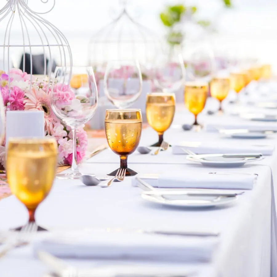 Table setting at a luxury wedding and Beautiful flowers on the table.